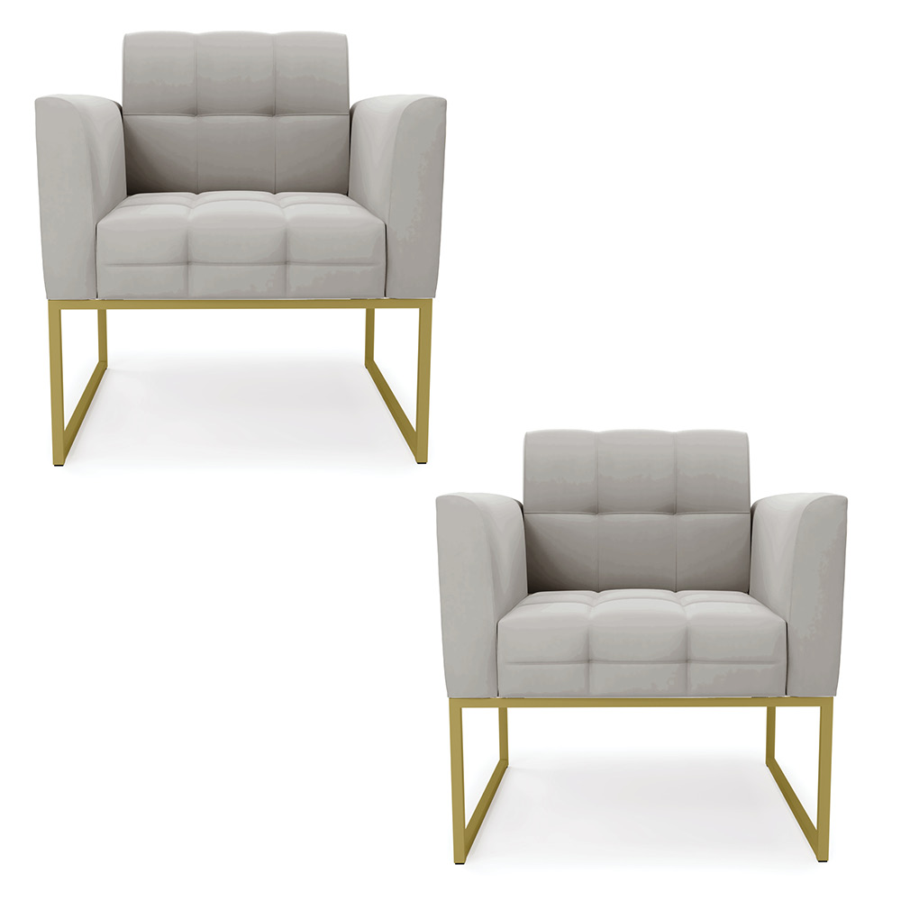 Kit 2 Poltronas Elisa Veludo Cinza Base Metálica Industrial Dourado - D'Rossi