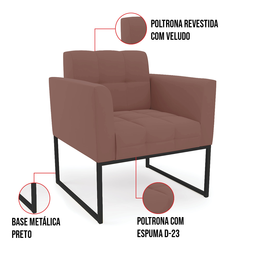 Kit 2 Poltronas Elisa Veludo Rosê Base Metálica Industrial Preto D03 - D'Rossi