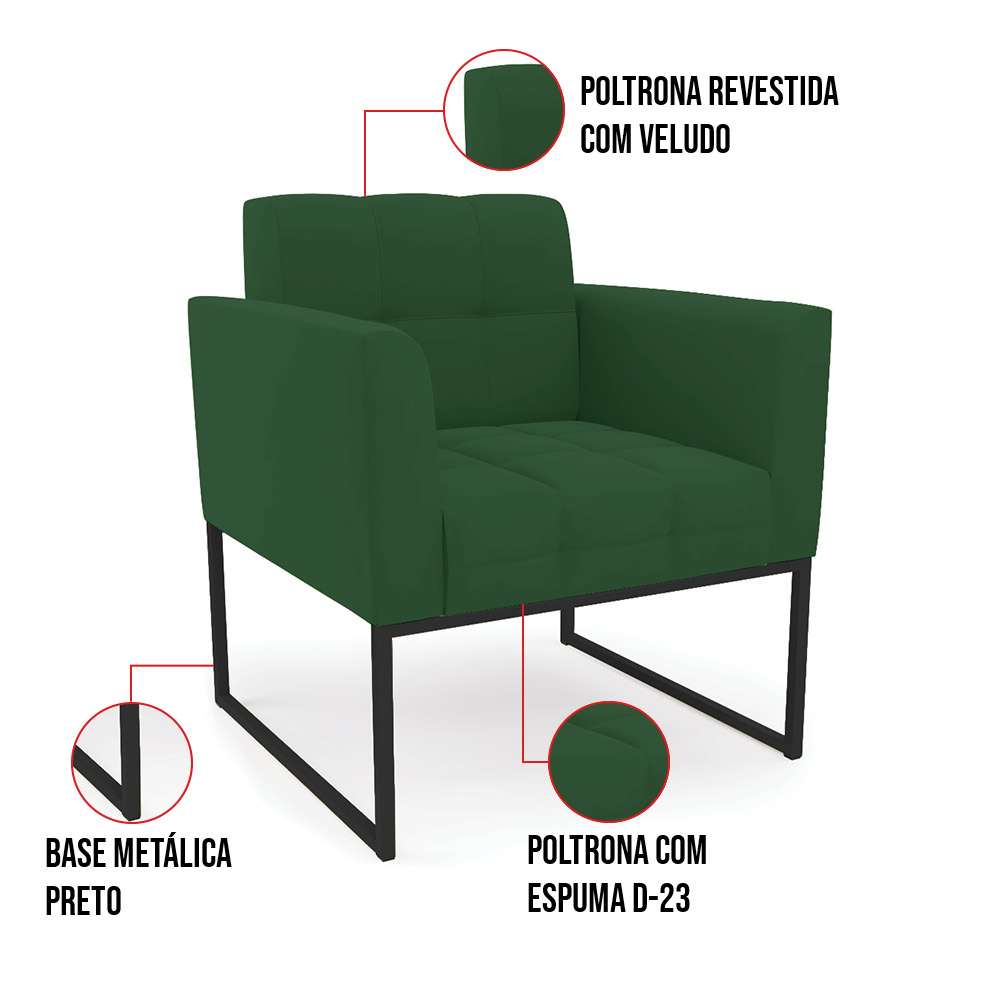 Kit 2 Poltronas Elisa Veludo Verde Base Metálica Industrial Preto D03 - D'Rossi