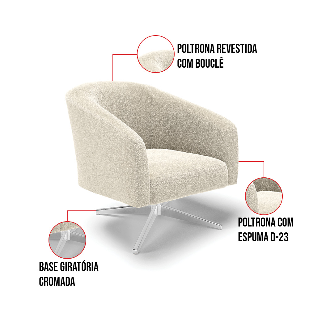 Kit 2 Poltronas Giratória Stella Bouclê Base Cromada - D'Rossi