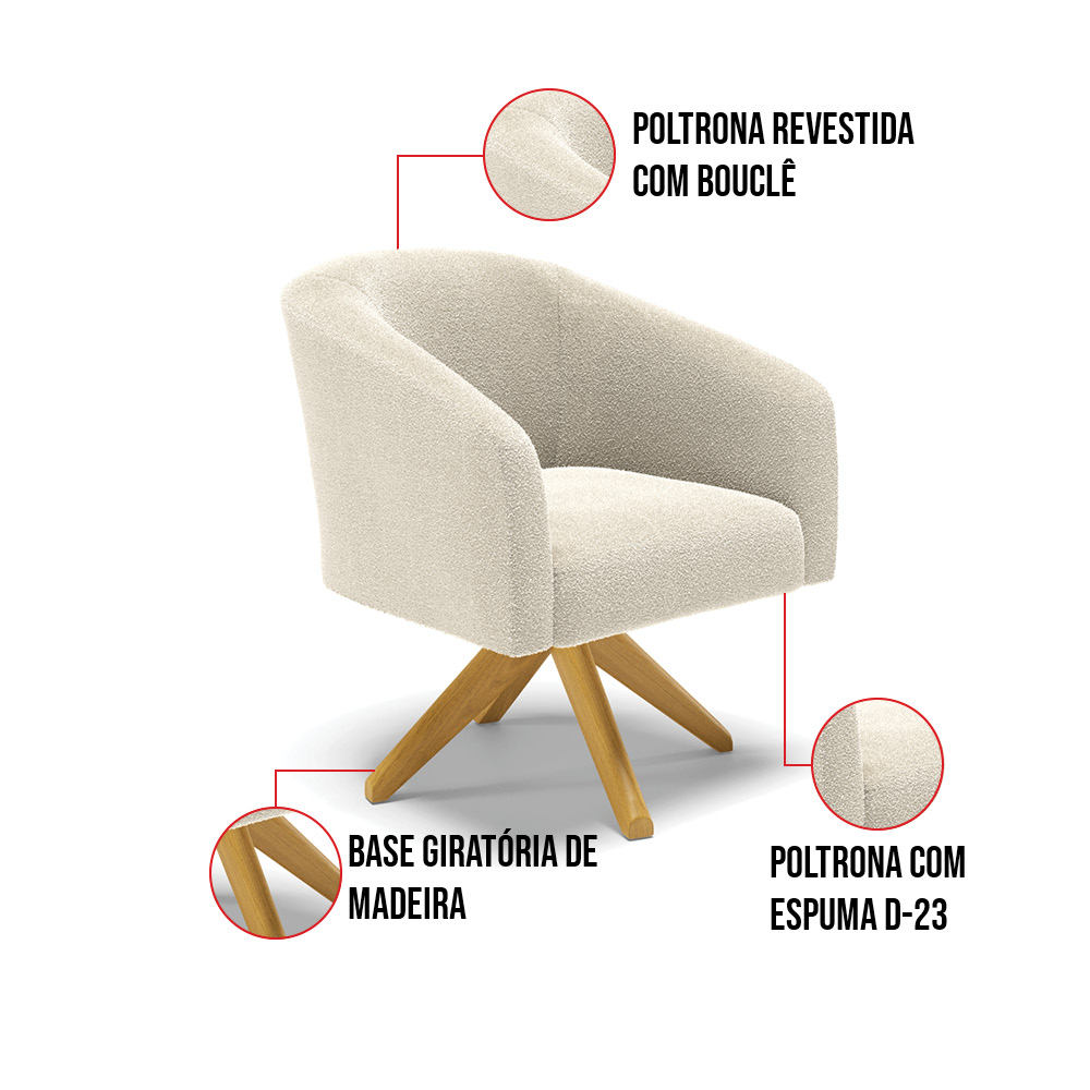 Kit 2 Poltronas Giratória Stella Bouclê Base de Madeira MA30 - D'Rossi