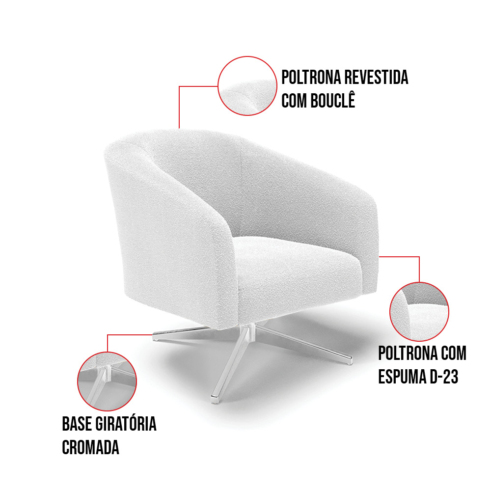Kit 2 Poltronas Giratória Stella Bouclê Off White Base Cromada - D'Rossi