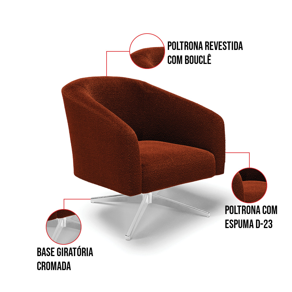 Kit 2 Poltronas Giratória Stella Bouclê Terra Base Cromada - D'Rossi