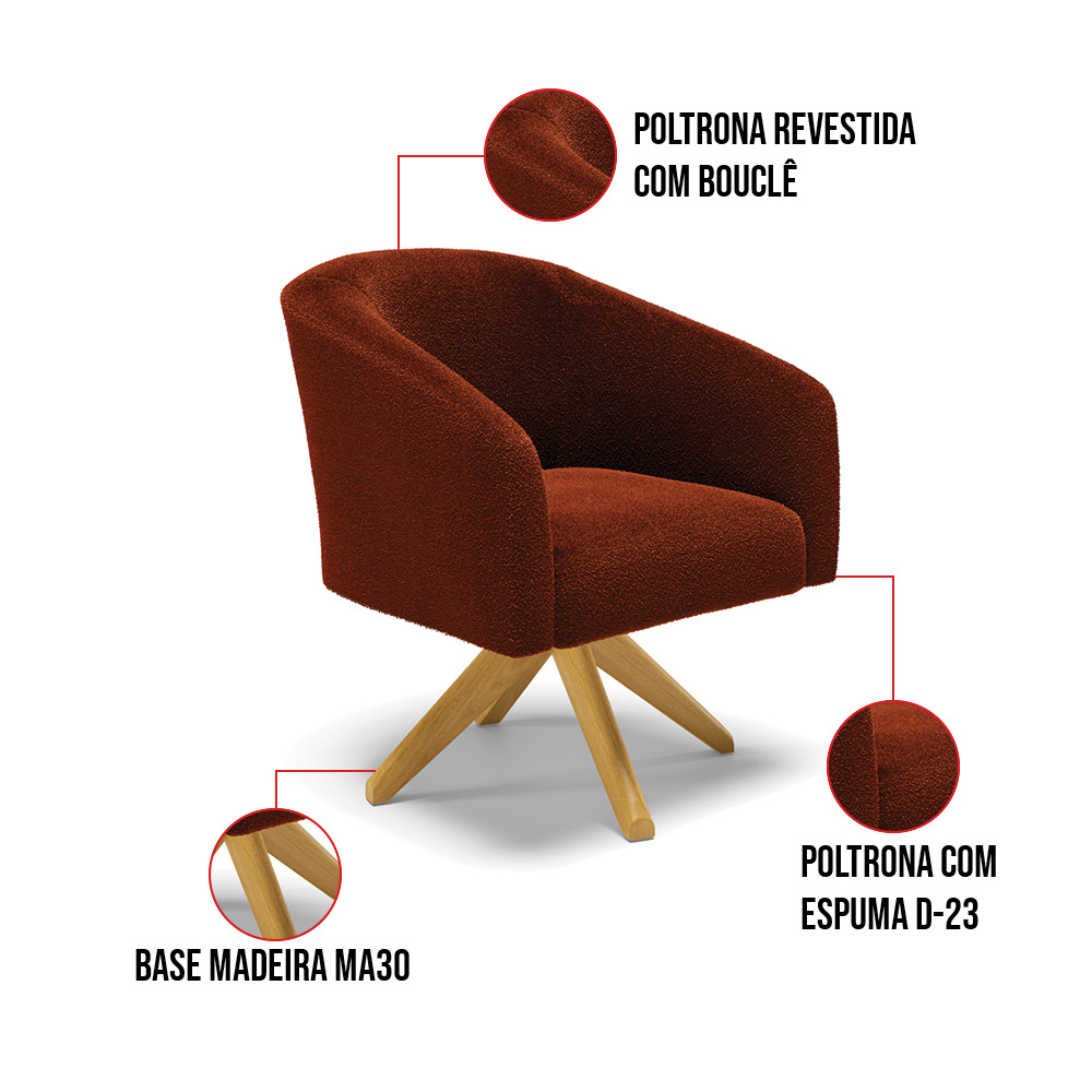 Kit 2 Poltronas Giratória Stella Bouclê Terra Base de Madeira MA30 - D'Rossi