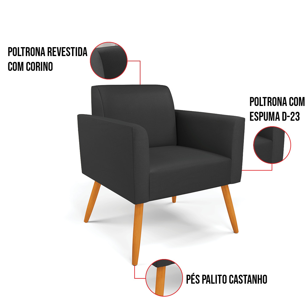 Kit 2 Poltronas Pés Palito Castanho Marisa Corino Preto D03 - D'Rossi