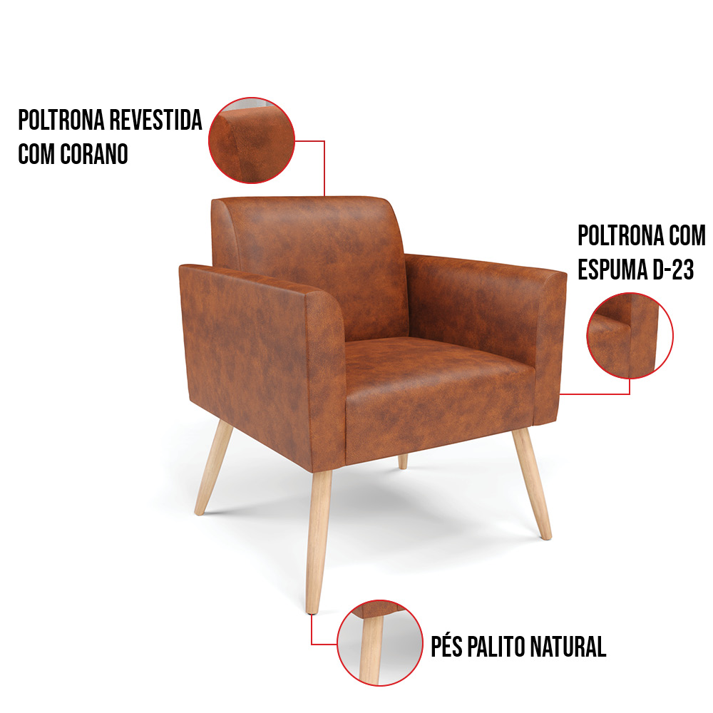 Kit 2 Poltronas Pés Palito Natural Marisa Corano Nozes D03 - D'Rossi