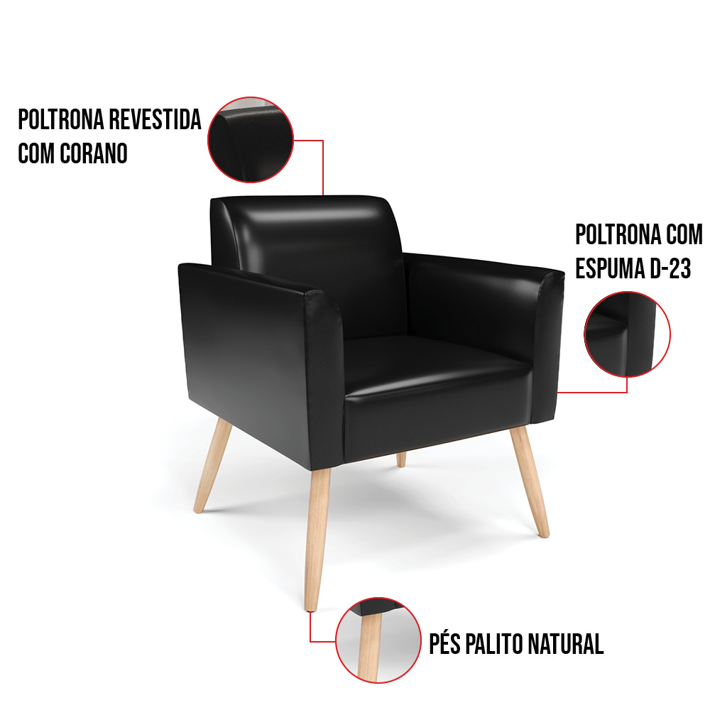 Kit 2 Poltronas Pés Palito Natural Marisa Corano Preto D03 - D'Rossi