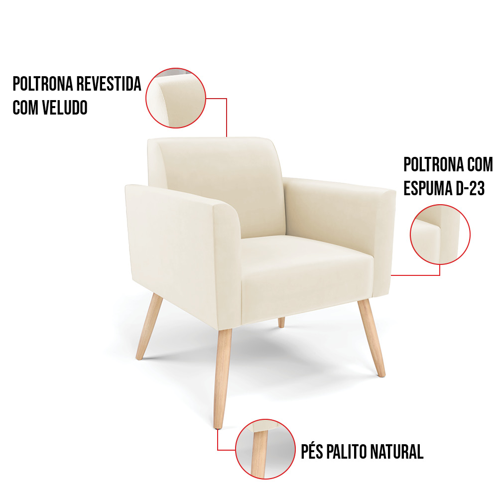 Kit 2 Poltronas Pés Palito Natural Marisa Veludo Bege D03 - D'Rossi