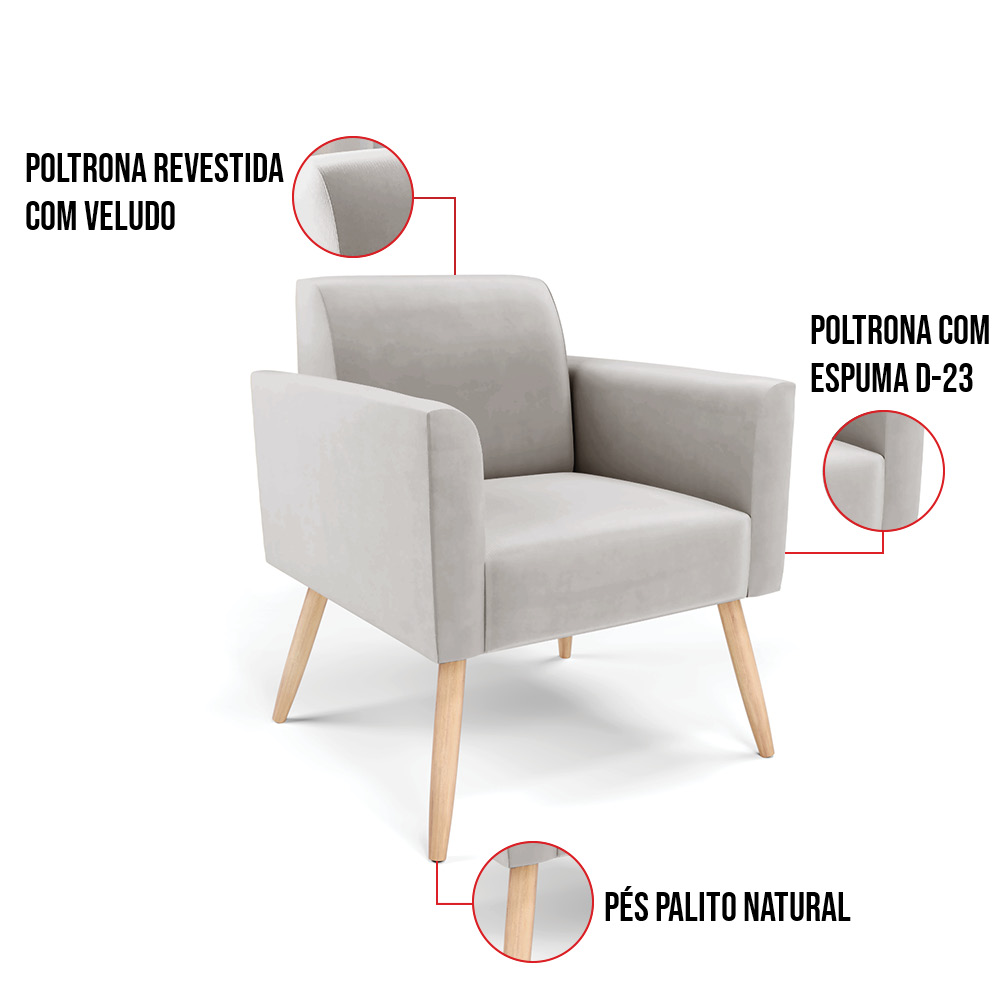 Kit 2 Poltronas Pés Palito Natural Marisa Veludo Cinza D03 - D'Rossi