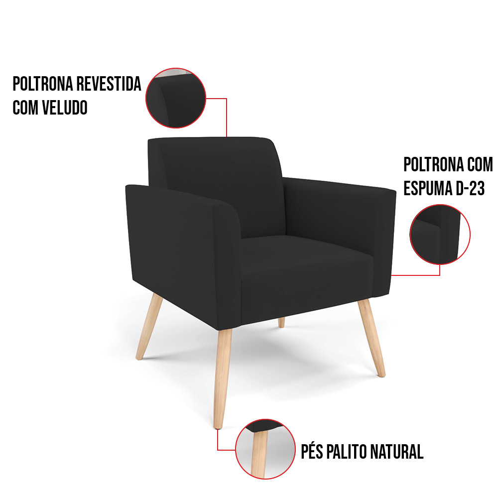 Kit 2 Poltronas Pés Palito Natural Marisa Veludo Preto D03 - D'Rossi