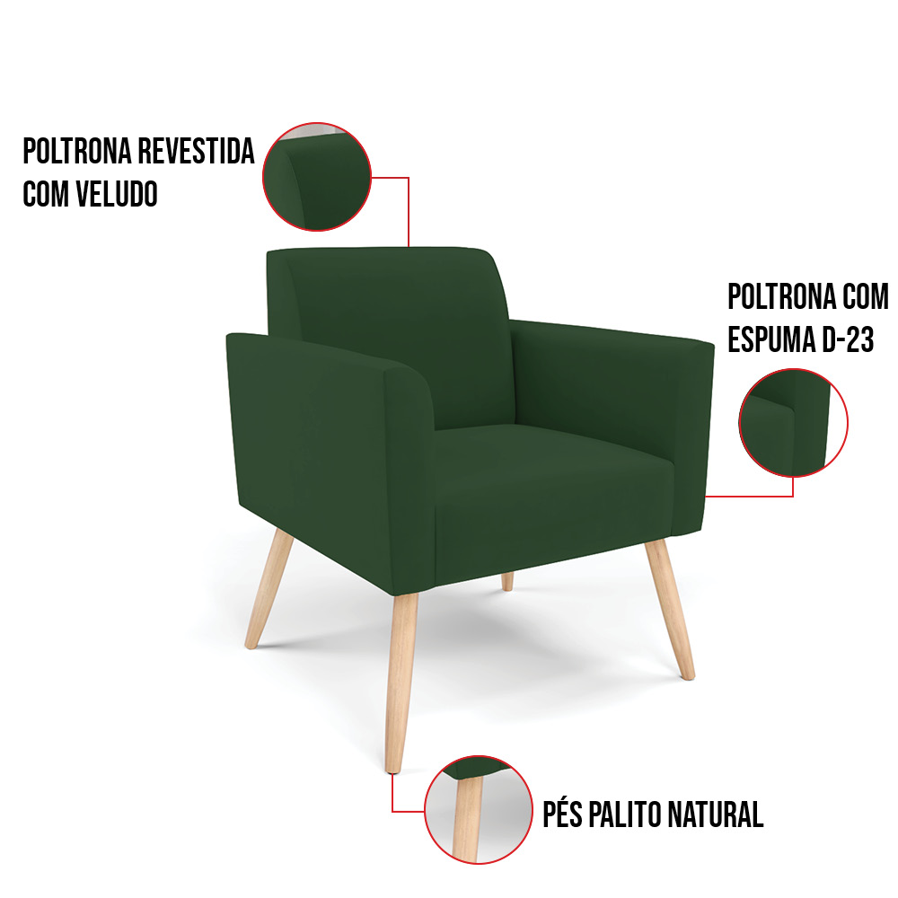 Kit 2 Poltronas Pés Palito Natural Marisa Veludo Verde D03 - D'Rossi