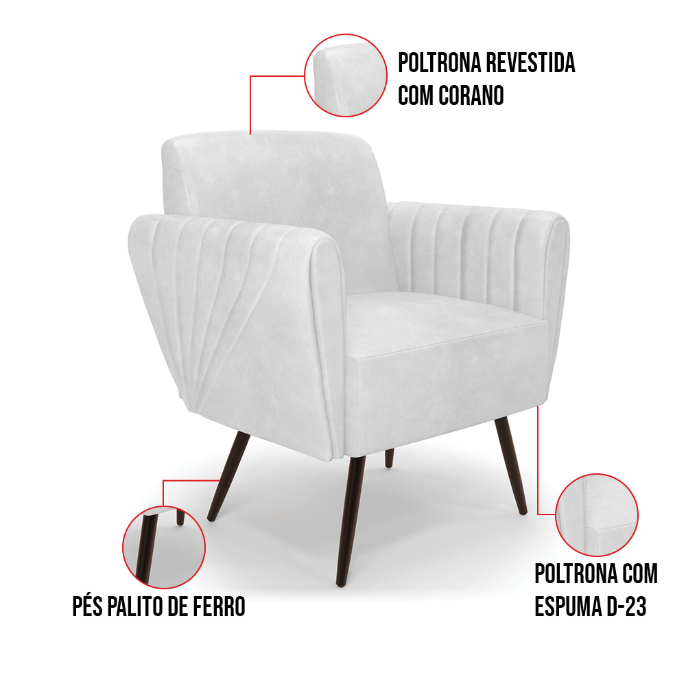 Kit 2 Poltronas Pés Palito de Ferro Bruna Corano Branco - D'Rossi