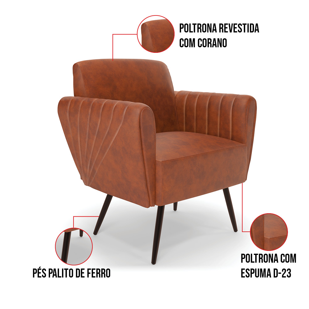 Kit 2 Poltronas Pés Palito de Ferro Bruna Corano Nozes - D'Rossi