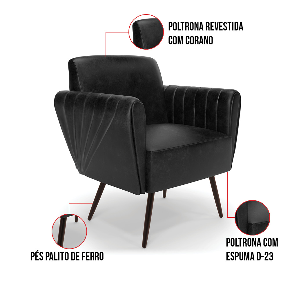 Kit 2 Poltronas Pés Palito de Ferro Bruna Corano Preto - D'Rossi
