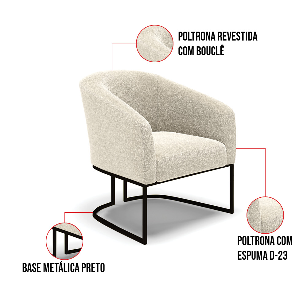 Kit 2 Poltronas Stella Bouclê Base Metálica Industrial Preto - D'Rossi