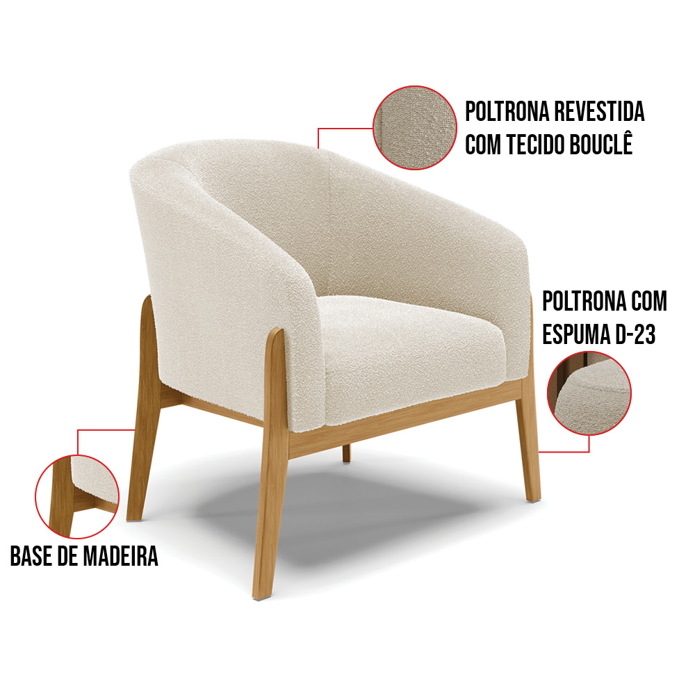 Kit 2 Poltronas Stella Bouclê Bege Base Madeira Castanho - D'Rossi