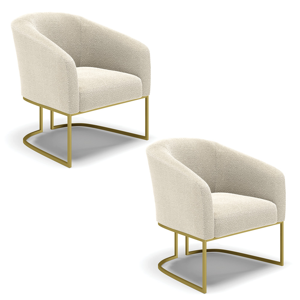 Kit 2 Poltronas Stella Bouclê Bege Base Metálica Industrial Dourado - D'Rossi