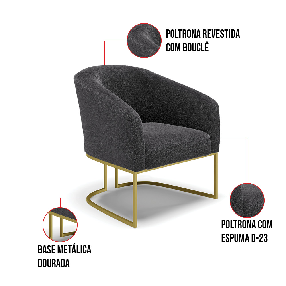 Kit 2 Poltronas Stella Bouclê Grafite Base Metálica Industrial Dourado - D'Rossi