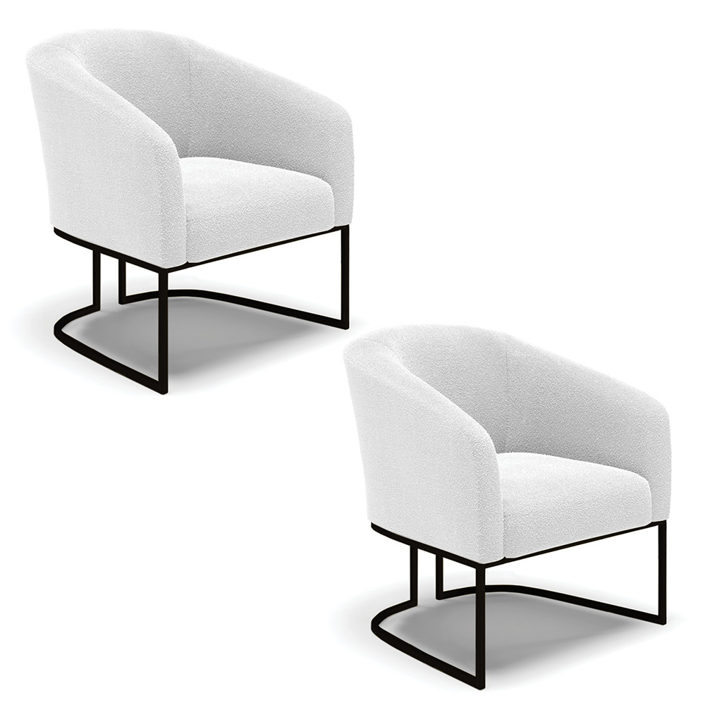 Kit 2 Poltronas Stella Bouclê Off White Base Metálica Industrial Preto - D'Rossi