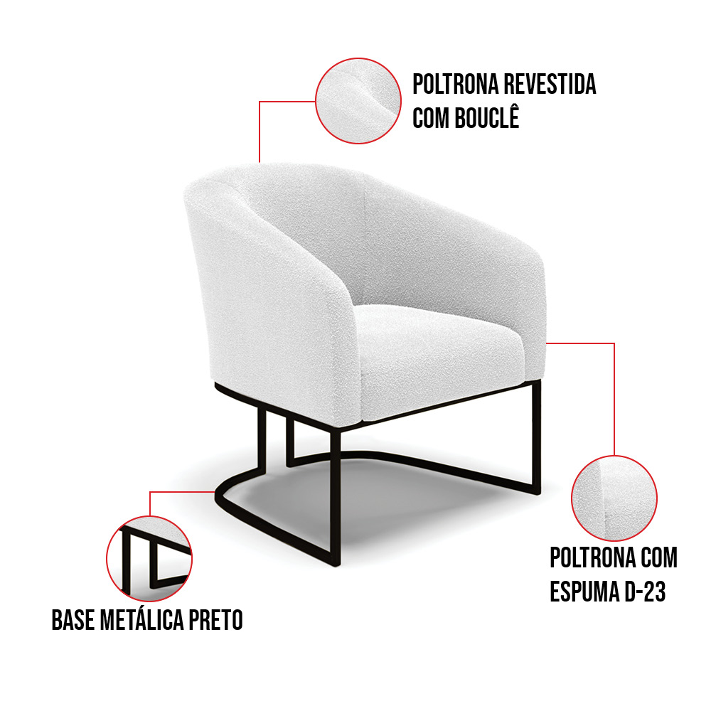 Kit 2 Poltronas Stella Bouclê Off White Base Metálica Industrial Preto - D'Rossi