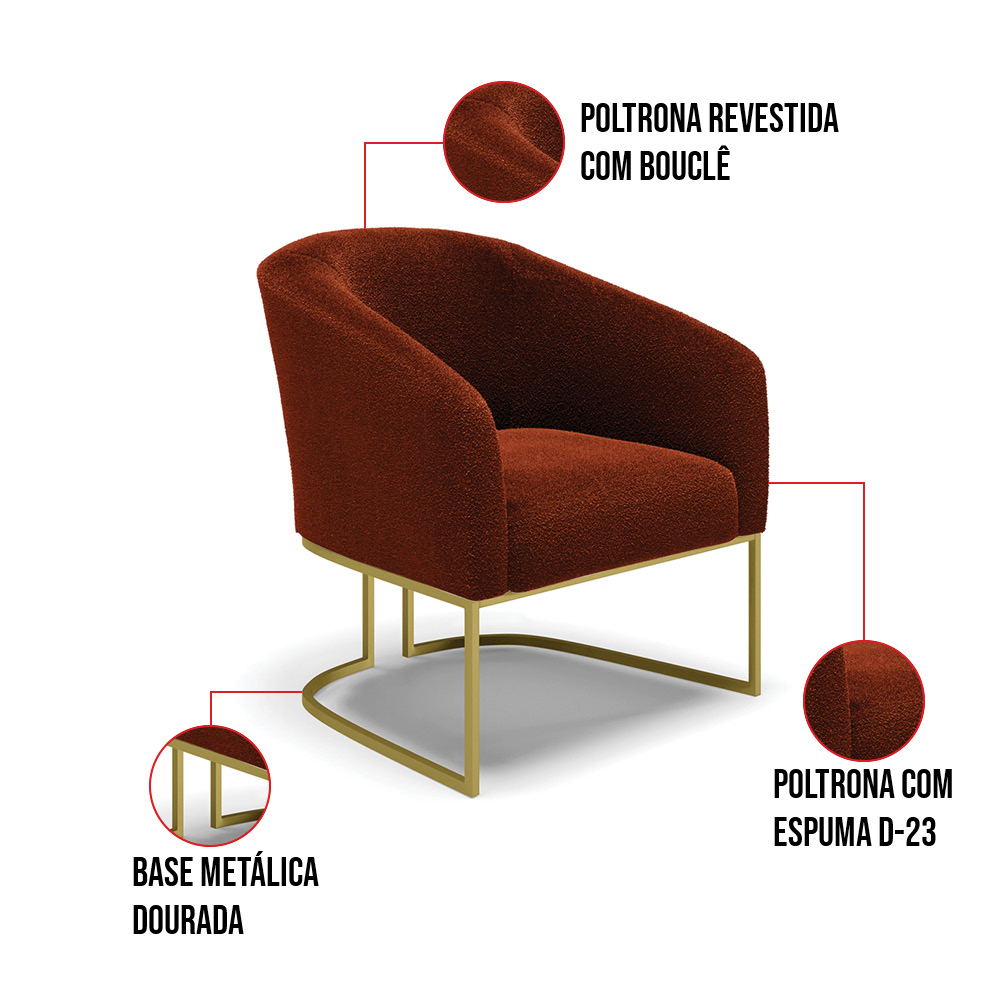 Kit 2 Poltronas Stella Bouclê Terra Base Metálica Industrial Dourado - D'Rossi