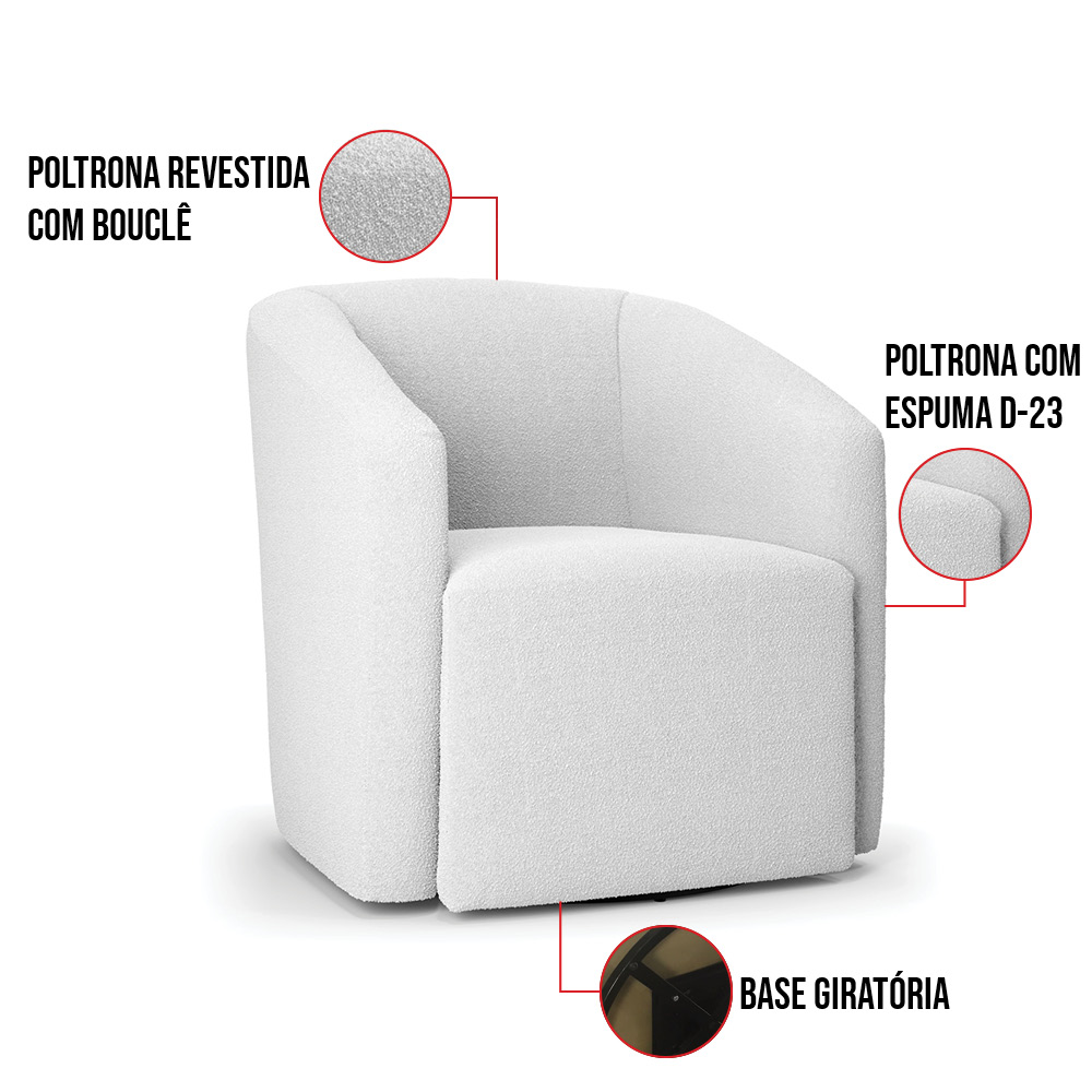Kit 2 Poltronas Stella Max Bouclê Off White Base Giratória - D'Rossi