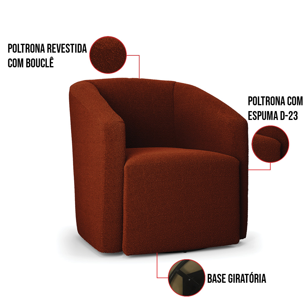 Kit 2 Poltronas Stella Max Bouclê Terracota Base Giratória - D'Rossi