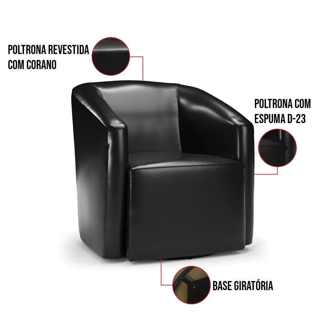 Kit 2 Poltronas Stella Max Corano Preto Base Giratória - D'Rossi