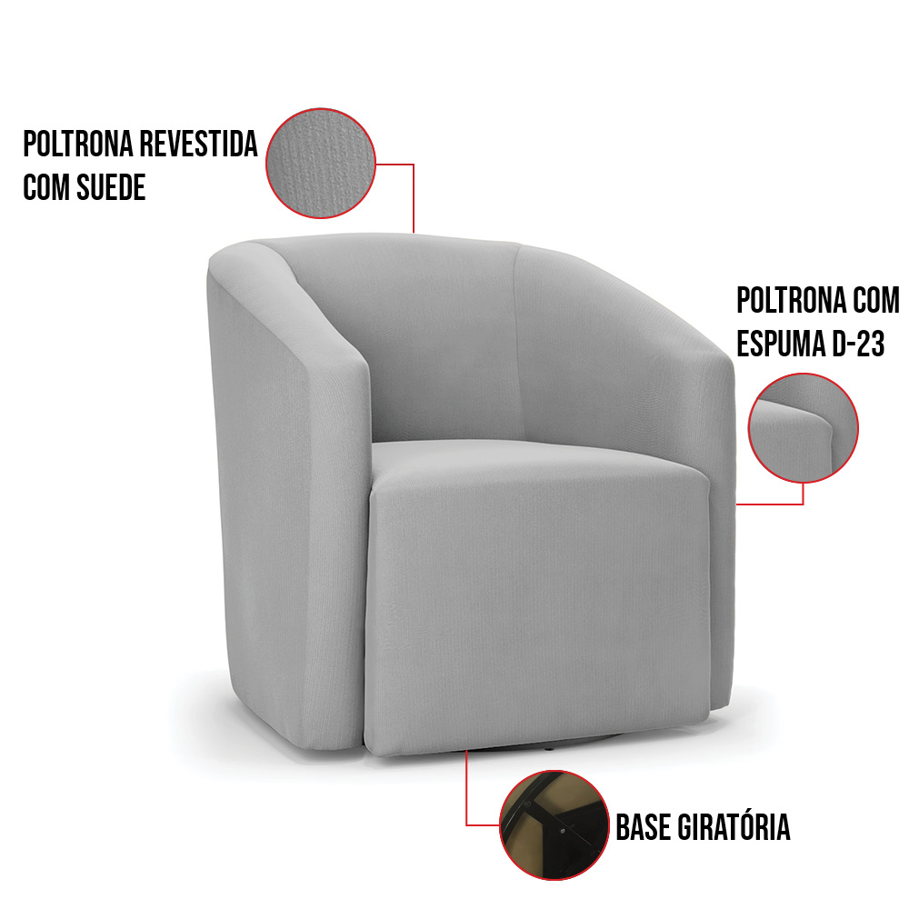 Kit 2 Poltronas Stella Max Suede Cinza Base Giratória - D'Rossi