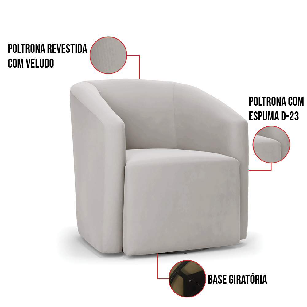 Kit 2 Poltronas Stella Max Veludo Cinza Base Giratória - D'Rossi