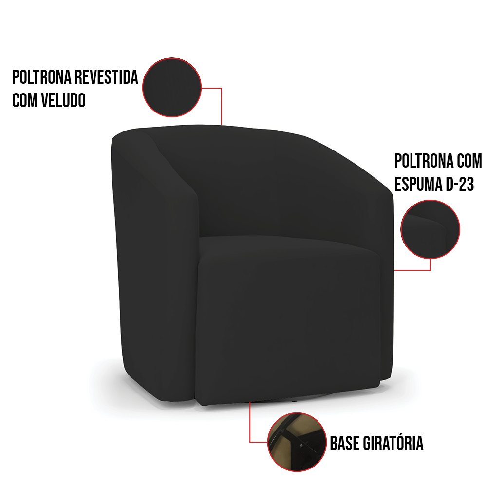 Kit 2 Poltronas Stella Max Veludo Preto Base Giratória - D'Rossi