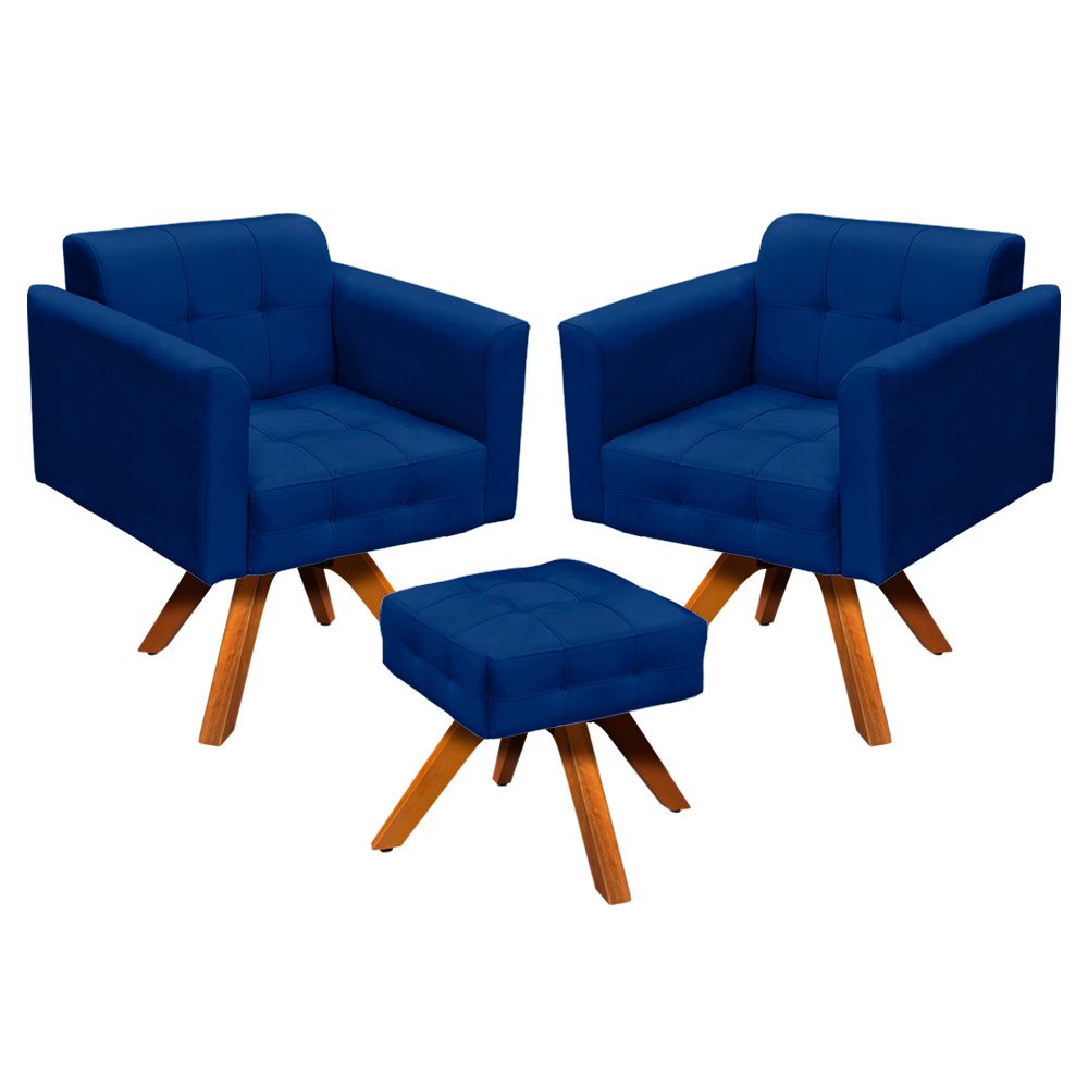 Kit 2 Poltronas com Puff Giratória Elisa Suede Azul Royal - D'Rossi