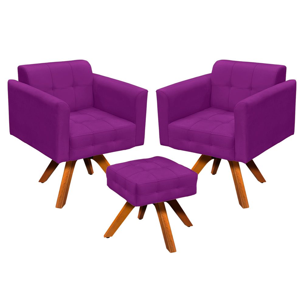 Kit 2 Poltronas com Puff Giratória Elisa Suede Roxo - D'Rossi