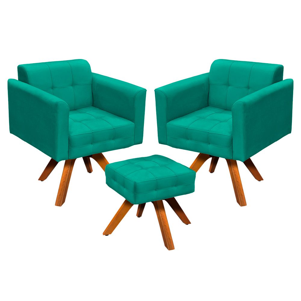 Kit 2 Poltronas com Puff Giratória Elisa Suede Verde Turquesa - D'Rossi
