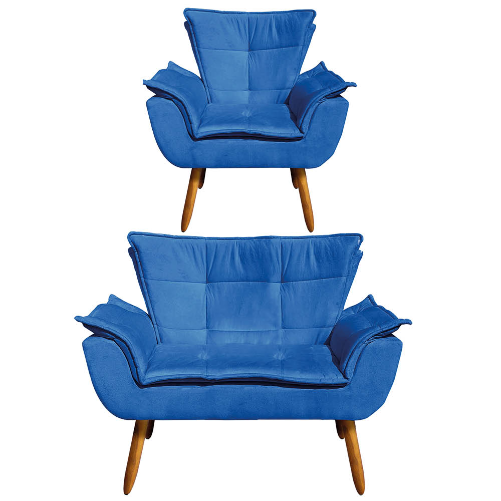 Kit Namoradeira e 01 Poltrona Giratória Opala Suede Azul Royal Base de Madeira - D'Rossi