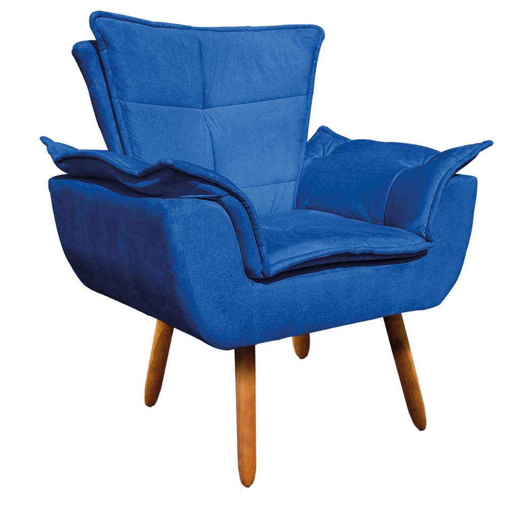 Kit Namoradeira e 01 Poltrona Giratória Opala Suede Azul Royal Base de Madeira - D'Rossi
