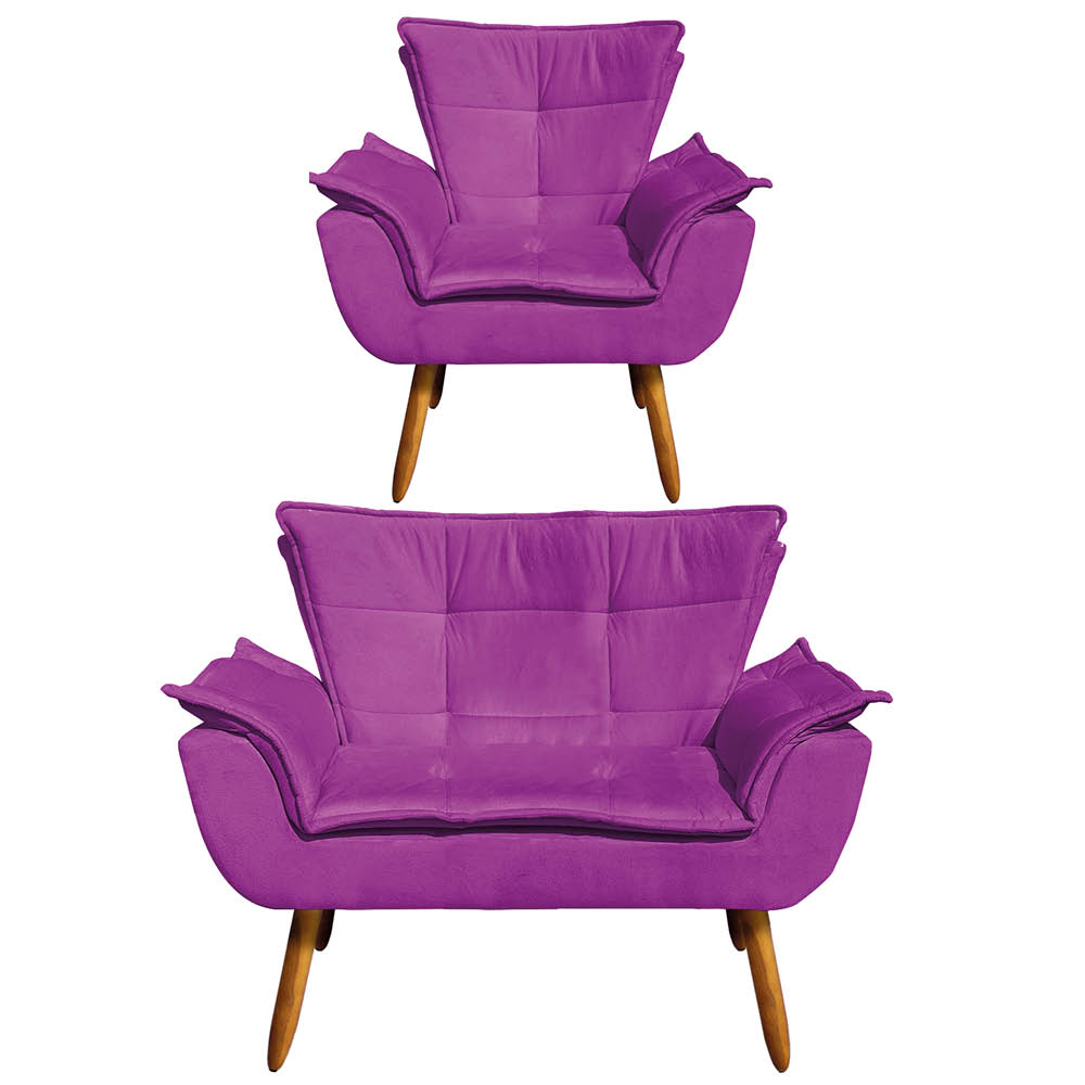 Kit Namoradeira e 01 Poltrona Giratória Opala Suede Roxo Base de Madeira - D'Rossi