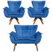 Kit Namoradeira e 02 Poltronas Giratória Opala Suede Azul Royal Base de Madeira - D'Rossi