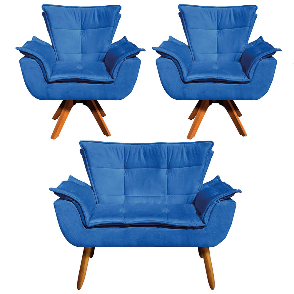 Kit Namoradeira e 02 Poltronas Giratória Opala Suede Azul Royal Base de Madeira - D'Rossi