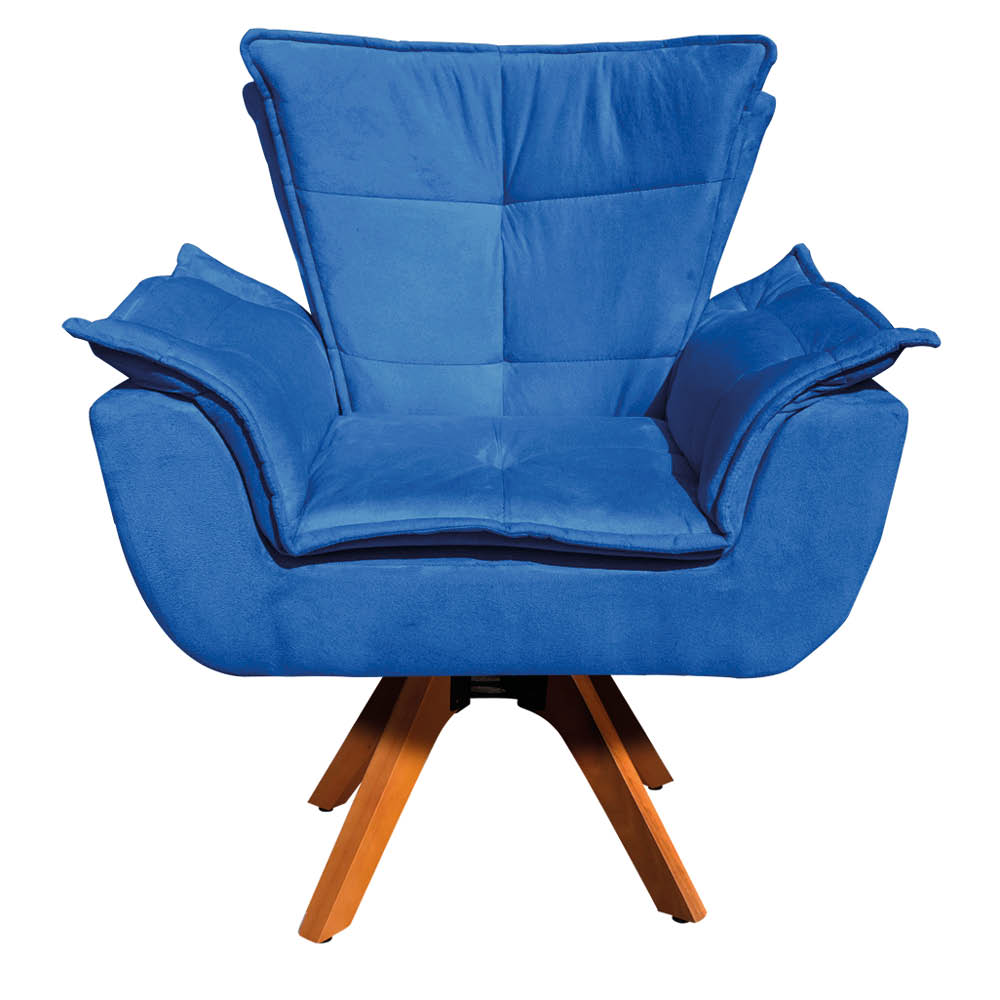 Kit Namoradeira e 02 Poltronas Giratória Opala Suede Azul Royal Base de Madeira - D'Rossi