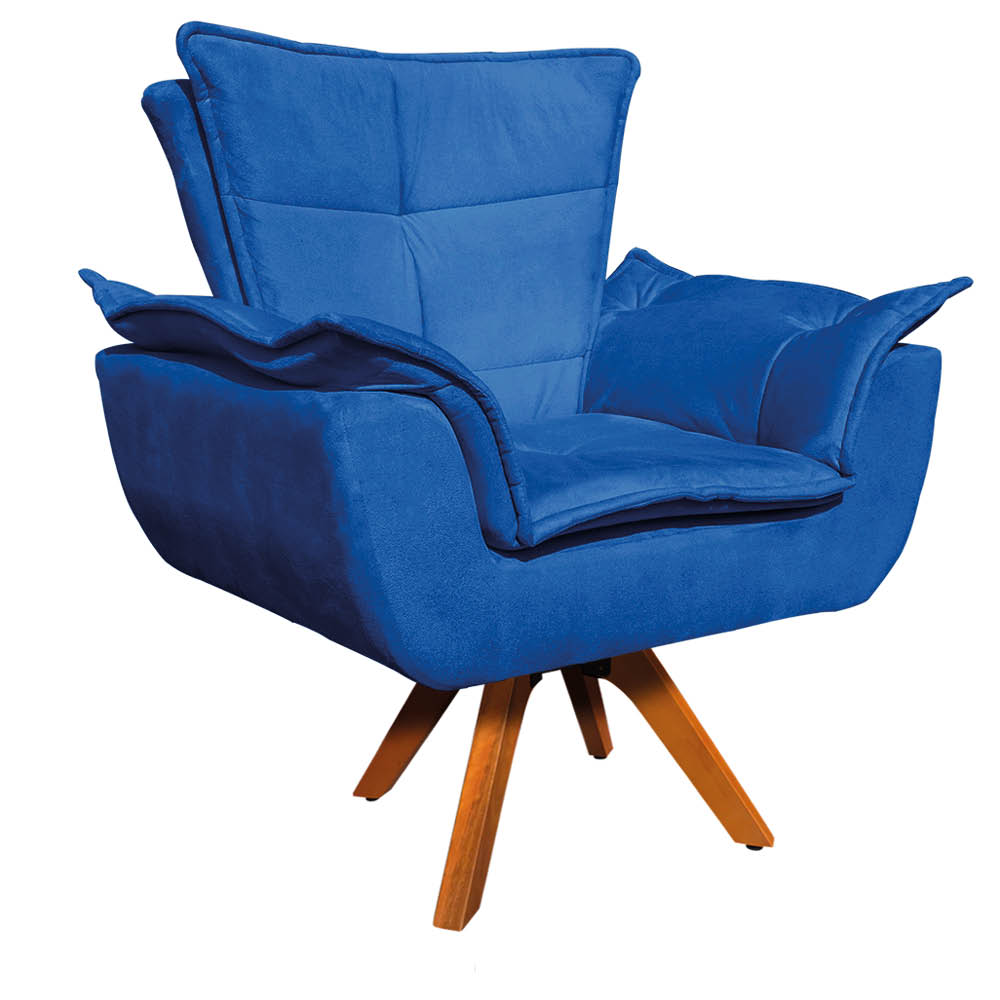 Kit Namoradeira e 02 Poltronas Giratória Opala Suede Azul Royal Base de Madeira - D'Rossi