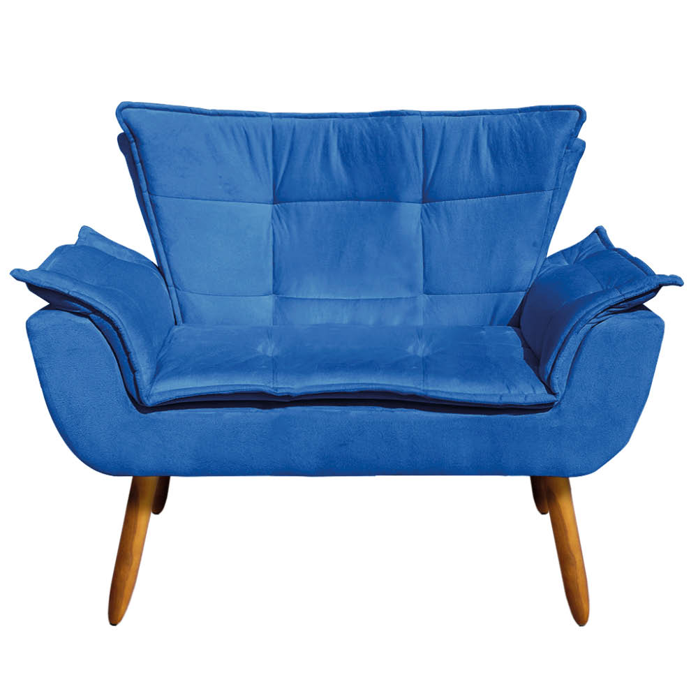 Kit Namoradeira e 02 Poltronas Giratória Opala Suede Azul Royal Base de Madeira - D'Rossi