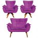 Kit Namoradeira e 02 Poltronas Giratória Opala Suede Roxo Base de Madeira - D'Rossi