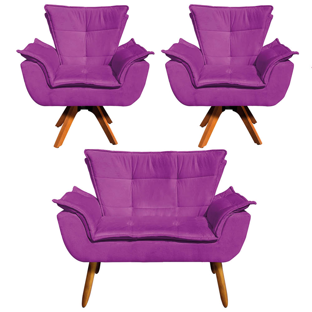 Kit Namoradeira e 02 Poltronas Giratória Opala Suede Roxo Base de Madeira - D'Rossi