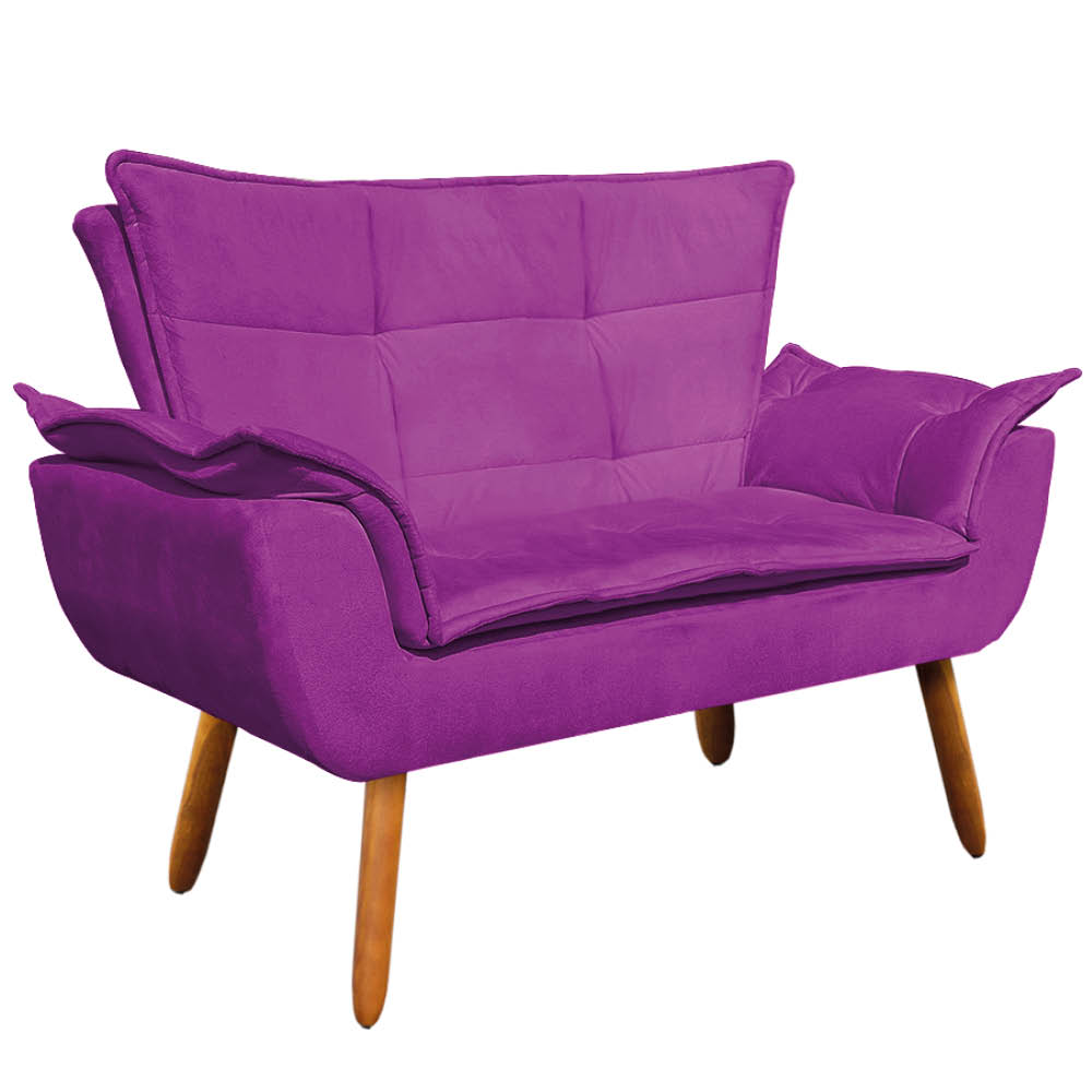 Kit Namoradeira e 02 Poltronas Giratória Opala Suede Roxo Base de Madeira - D'Rossi