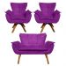 Kit Namoradeira e 02 Poltronas Giratória Opala Suede Roxo Base de Madeira - D'Rossi
