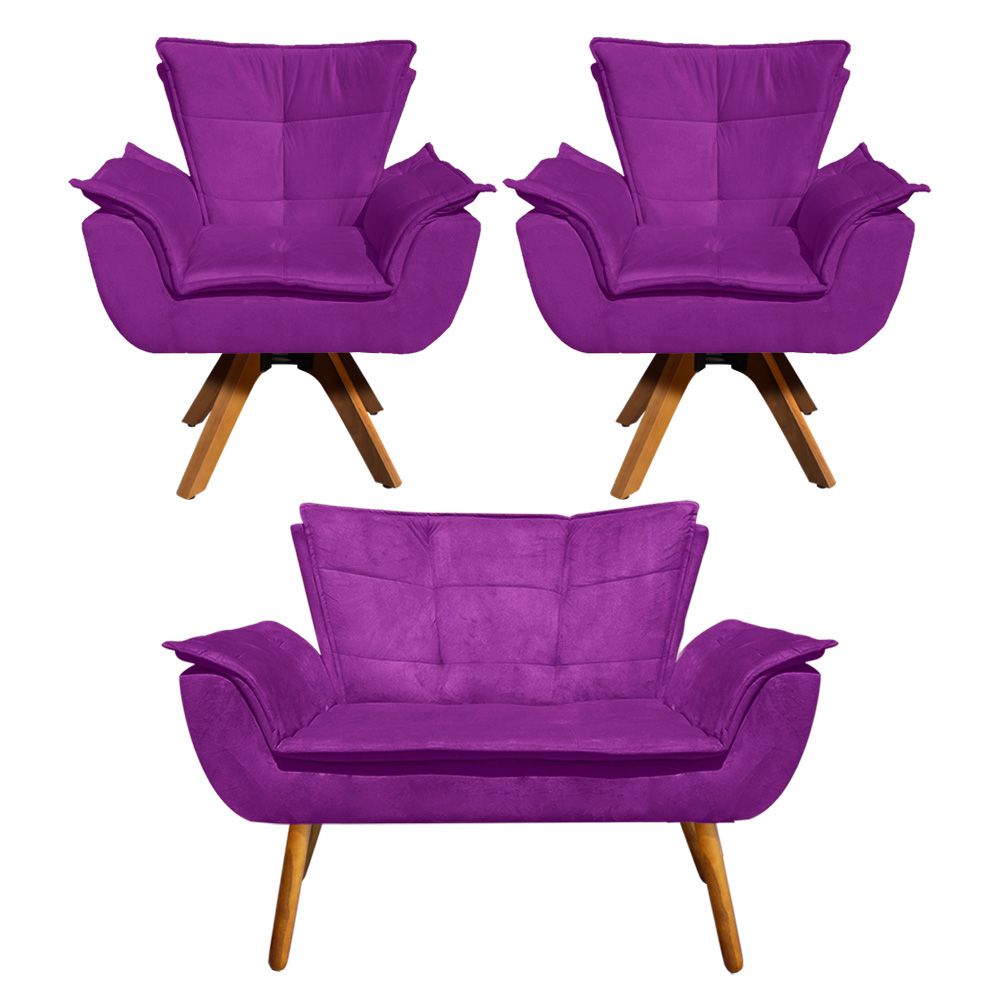 Kit Namoradeira e 02 Poltronas Giratória Opala Suede Roxo Base de Madeira - D'Rossi