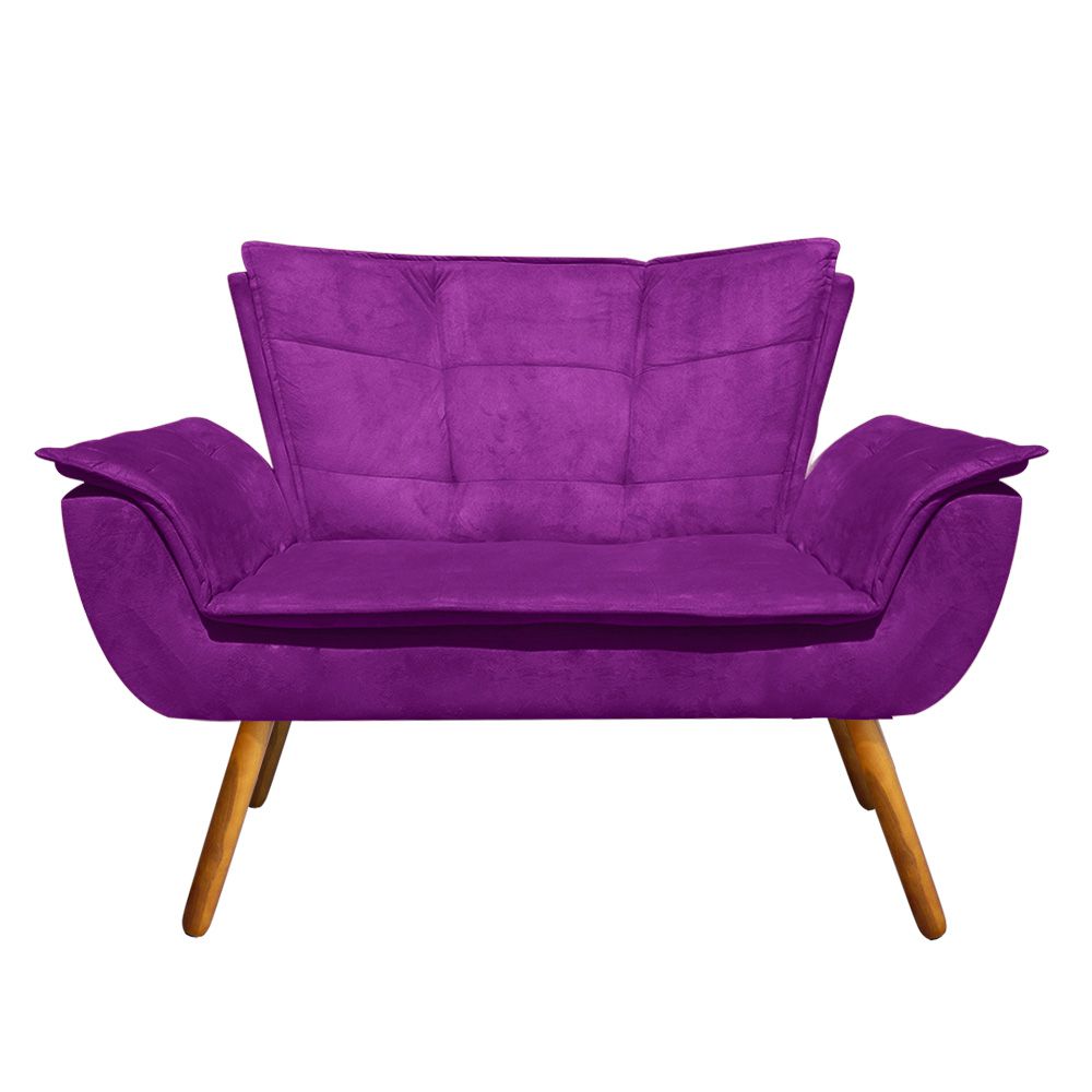 Kit Namoradeira e 02 Poltronas Giratória Opala Suede Roxo Base de Madeira - D'Rossi