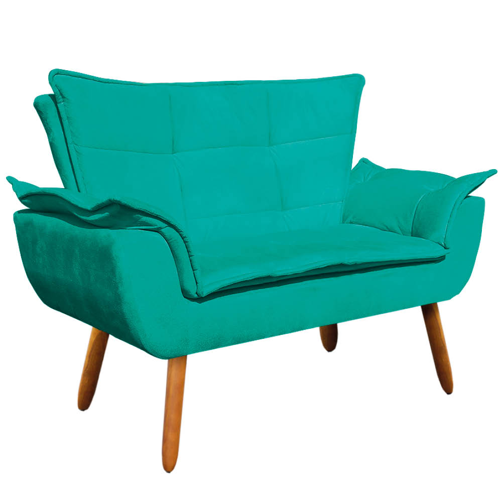 Kit Namoradeira e 02 Poltronas Giratória Opala Suede Verde Turquesa Base de Madeira - D'Rossi