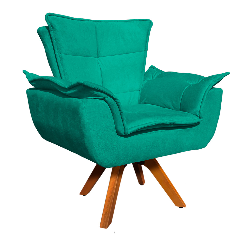 Kit Namoradeira e 02 Poltronas Giratória Opala Suede Verde Turquesa Base de Madeira - D'Rossi